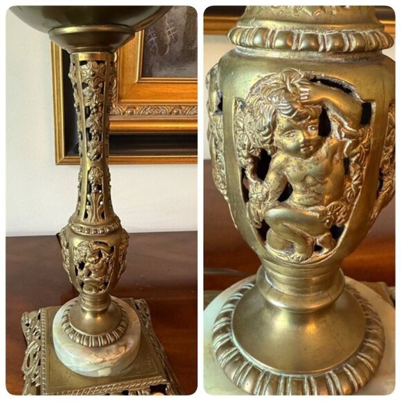 Antique Ornate Brass Parlor Oil Lamp W/ Cherubs Alabaster Base Hand Painted Glas - Picture 6 of 10